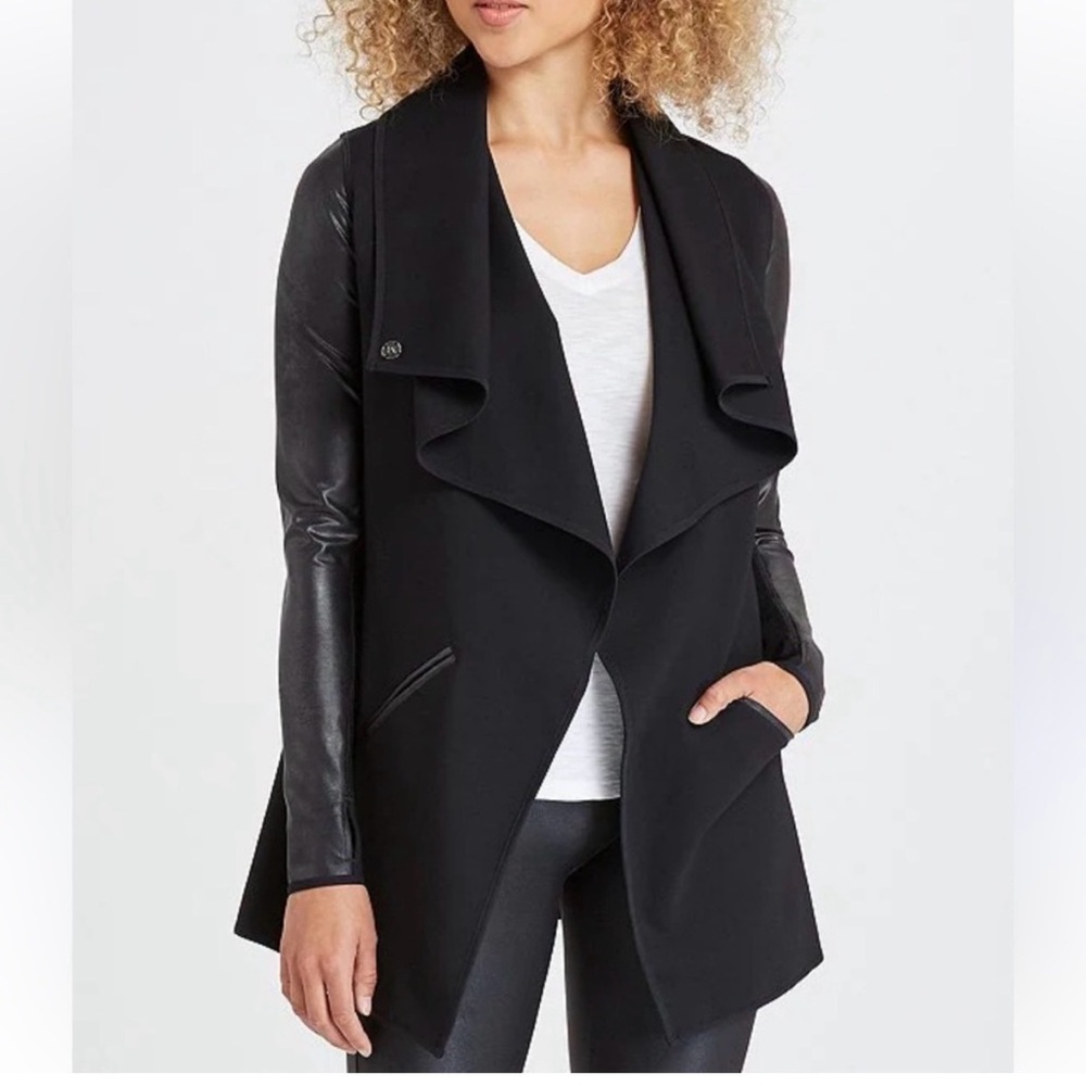 SPANX Black Leather Drape Front Jacket